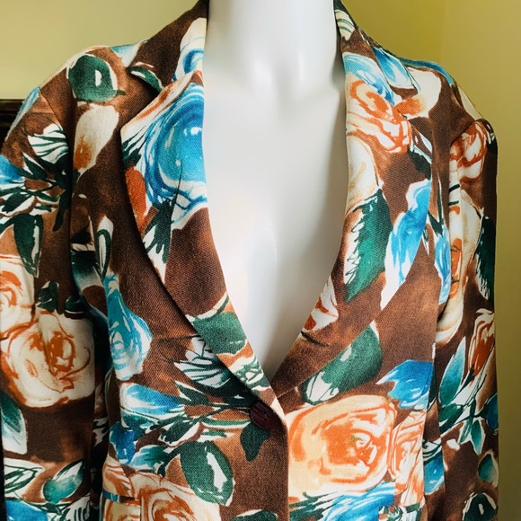 Zara floral light brown short blazer bright orange & blue roses collared US 10 - Picture 2 of 11